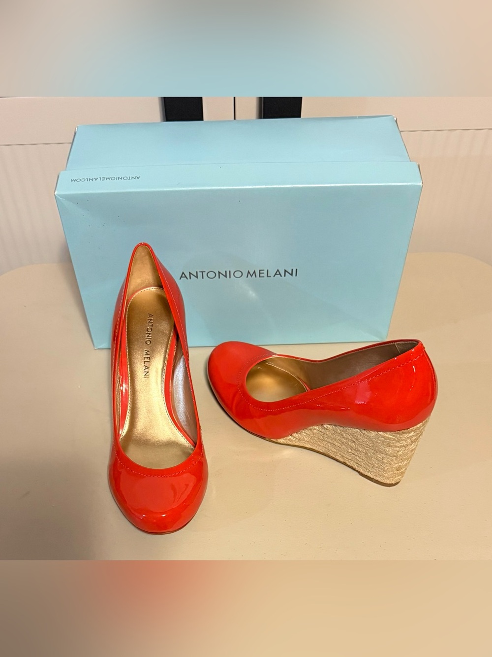 ANTONIO MELANI Olola (Orange) Patent Wedge Espadrilles with Rope Wedge Heel